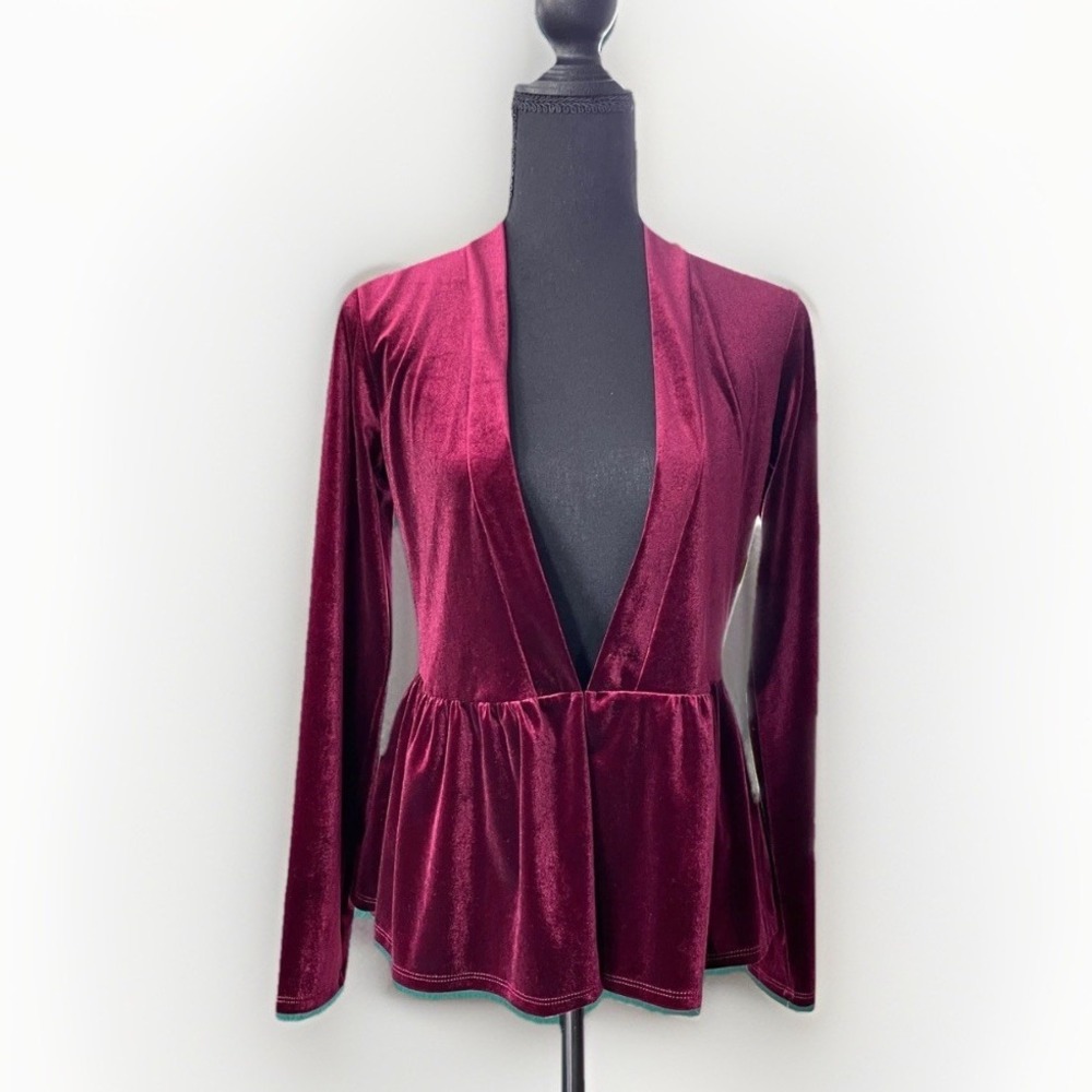 ModCloth Velvet Peplum Top Womens XS Burgundy Long Sleeve Witchy Whimsygoth